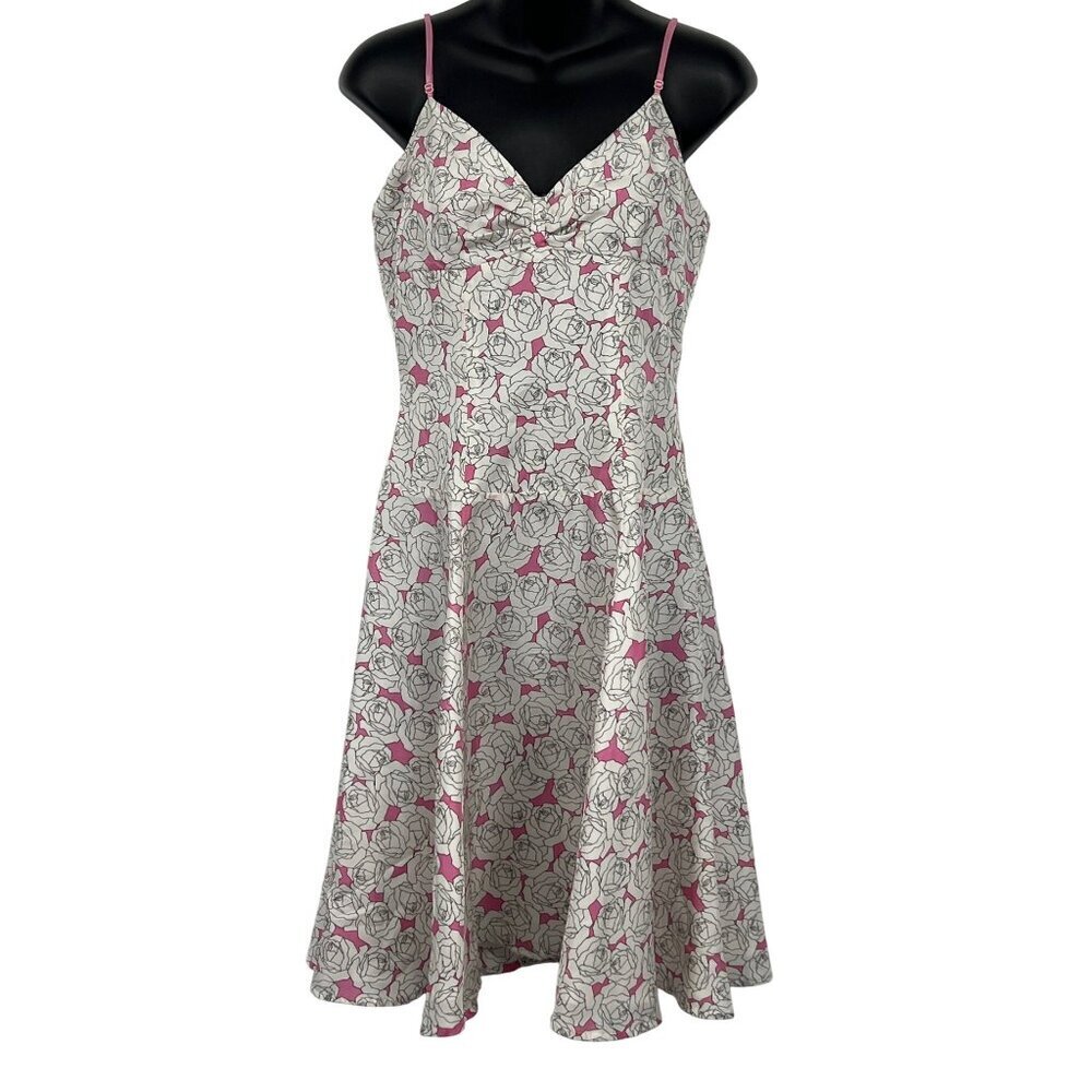 Bebe White Pink Rose Silk Dress Size Small S Shift Romantic Sleeveless EUC
